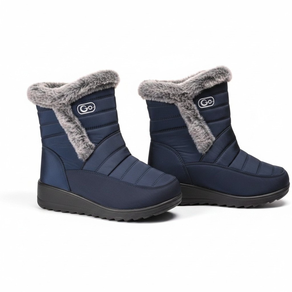 Go Womens Navy Blue Quilted Faux Fur Trim Winter Snow Boots Side Zip Size 41
